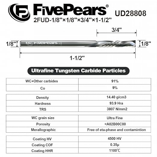 FivePears Up&Down Cut Compression Spiral Router Bit for CNC, 1/8" Cutting Diameter, 3/4" Cutting Length, 1/8 inch Shank, Carbide End Mill Router Bit for Wood Carving Engraving Grinding Grooving