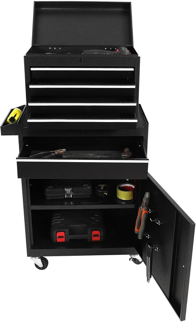 Rolling Tool Cabinet Tool Box, 5-Drawer Storage Chest with Detachable Organizer, Removable Portable Tool Box for Garage Warehouse (Black)