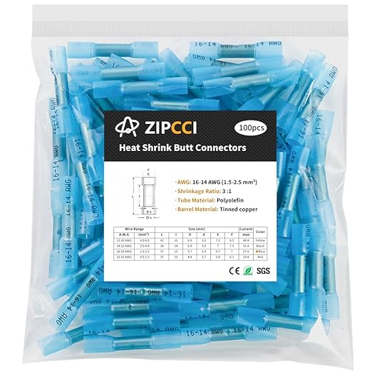 16-14 AWG Heat Shrink Butt Connectors - 100Pcs Blue Insulated Waterproof Electrical Marine Automotive Wire Splice Connector Crimp Wiring Terminals