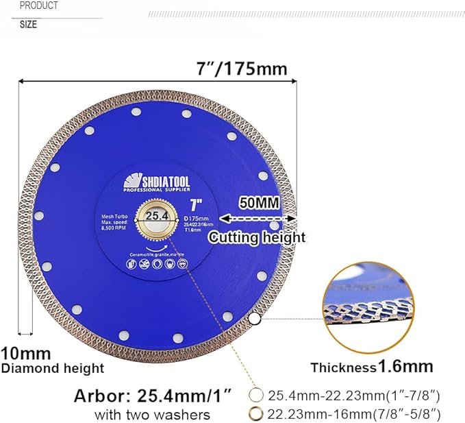 SHDIATOOL 7 Inch Diamond Saw Blade Cutting Porcelain Tile Ceramic Granite Marble Brick(2-Pack)