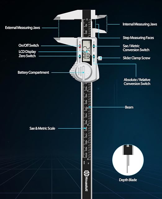 Digital Caliper 8 inch, (ABS) Absolute Scale Caliper, IP54 Caliper Measuring Tool, Inch/MM, Auto-Off LCD Stainless Steel Waterproof Micrometer Vernier Caliper, with Steel Ruler, Silver
