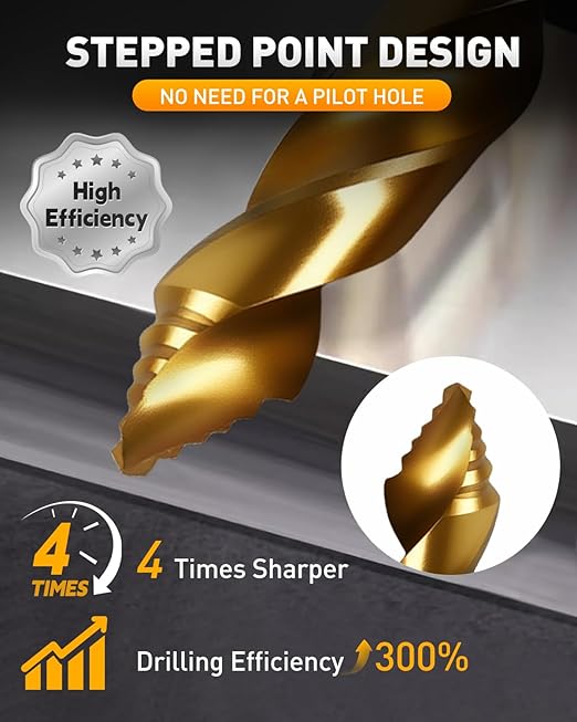 COMOWARE 15Pcs Stepped Point Drill Bit Set, 1/16" – 3/8" Drill Bit Index,HSS M2 Jobber Drills Bits, No Pre-Drilling, Titanium-Coated, 3-Flat Shank, Drills Bits Set for Metal/Plastic/Acrylic/Wood