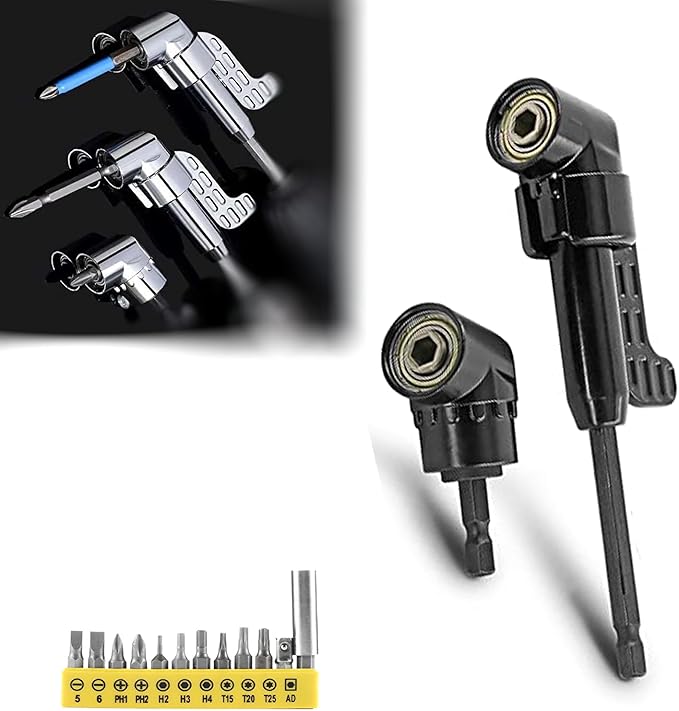 105 Degree Right Angle Drill Adapter, 1/4" Hex Shank Driver Angle Drill Attachment with Multi-function Bend Screwdriver Bit, Angle Driver for Drill, Drill Attachment for Household Work (L+S（BK）)