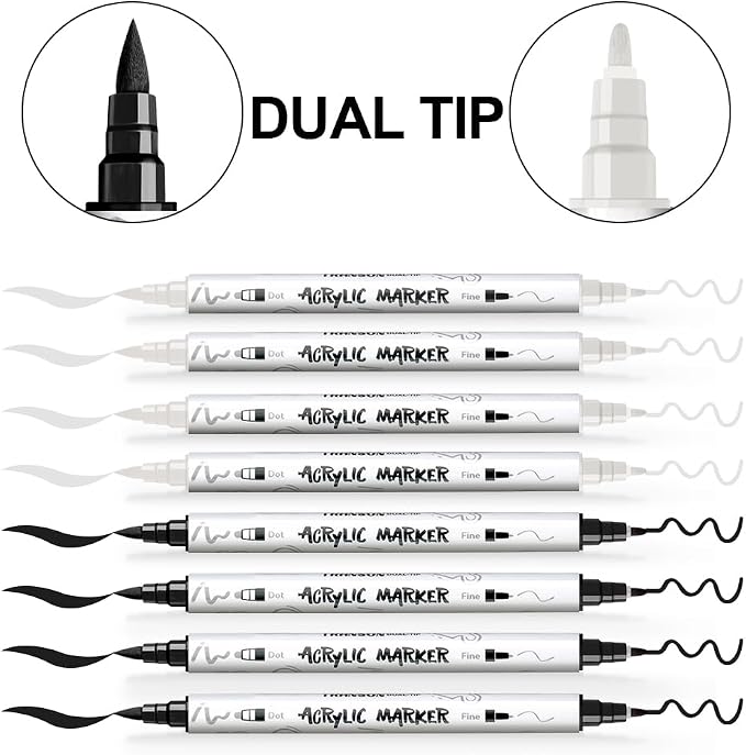TRANSON 4 Black and 4 White Paint Markers Brush and Fine Dual-tip Acrylic Paint - Image 4
