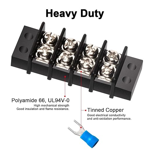 MILAPEAK Terminal Block - 2 Pack 4 Positions 200v-450v 20-30A Dual Row Screw Terminals Strip + 16 PCS Copper Wire Fork Connectors