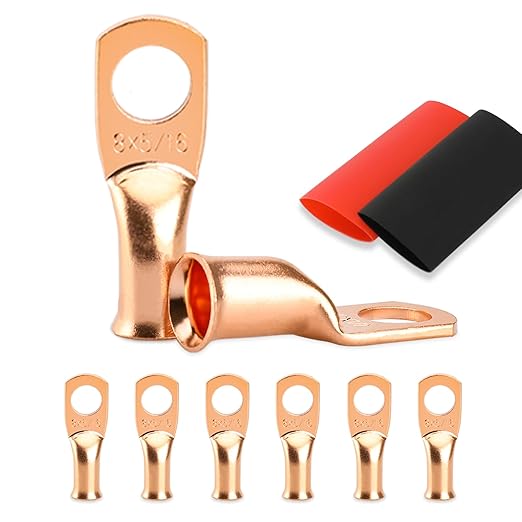 Battery Cable Ends, 8PCS 8 Gauge Wire Connectors 5/16 Copper Wire Lugs, Bare Copper Eyelets with Heat Shrink Tubing
