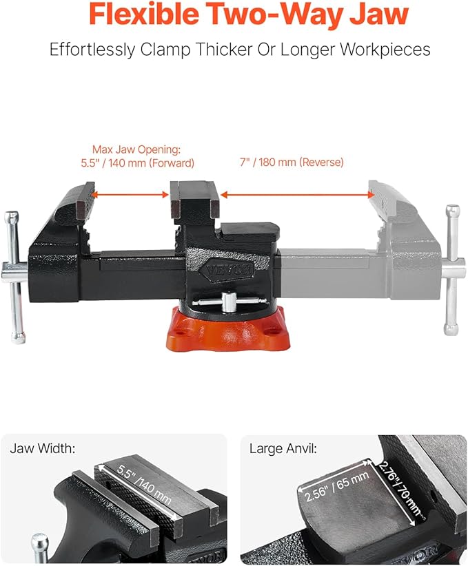 VEVOR Bench Vise, 5.5" Jaw Width, 5.5" Max Jaw Opening Multipurpose Vise with 360° Swivel Locking Base, 2.8" Throat Depth, Heavy Duty Ductile Iron Workbench Vise, Two-Way Jaws for Clamping Round Pipes