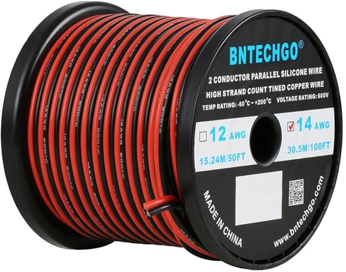 BNTECHGO 14 Gauge Flexible 2 Conductor Parallel Silicone Wire Spool Red Black High Resistant 200 deg C 600V for Single Color LED Strip Extension Cable Cord,Model,100ft Stranded Tinned Copper Wire