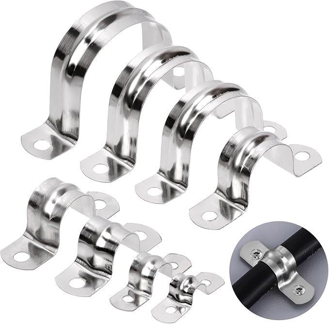 Glarks 50Pcs M8 Pipe Strap Clamp, 304 Stainless Steel 2 Hole Strap Heavy Duty Rigid Pipe Strap U Bracket Tube Strap Cable Clamp Hanger Tension Tube Clip for Pipe Tube Cable Fixing (32mm (1-1/4"))
