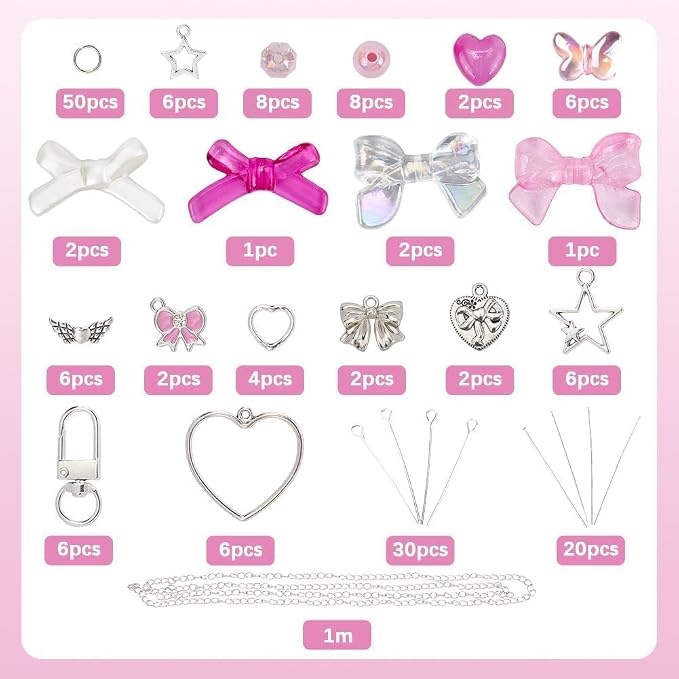 SUNNYCLUE 1 Box 171Pcs Small Bow Bag Charms Keychains Making Kit Love Romantic - Image 3
