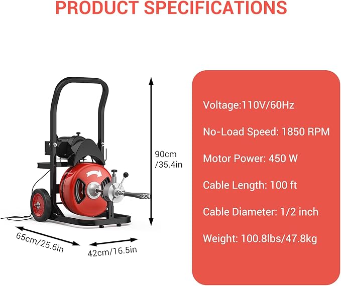 Drain Cleaning Machine 100Ft 1/2 Inch Cable, 450W Auto Feed Portable Electric Sewer Snake, Electric Drain Auger with 6 Cutter Air-Activated Foot Switch for 2" to 4" Pipes