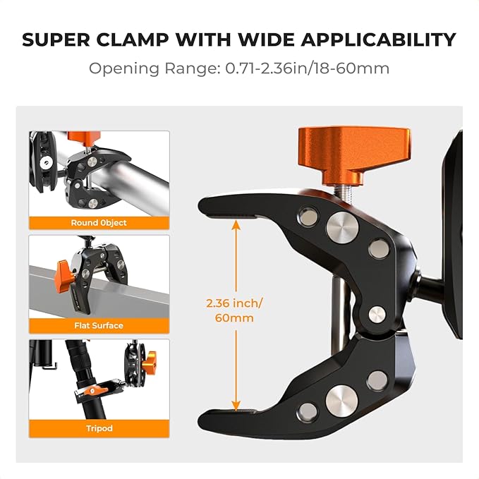 K&F Concept Camera Clamp Mount, Super Clamp Mount Magic Arm with Two 360° Ball Heads, 1/4" Screw Threads for ARRI Compatible with DSLR, Action Camera, Tripod, Phone for Gopro/Insta360