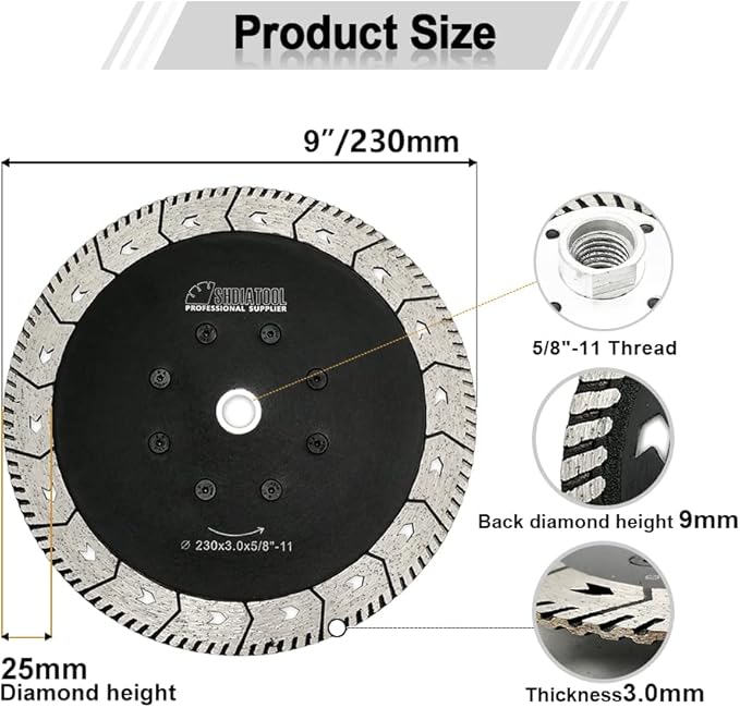 SHDIATOOL 9 - Inch Diamond Saw Blades Cutting Disc Two-in-One Design Cut Grind Sharpen Marble Granite Concrete and Bricks 5/8"-11