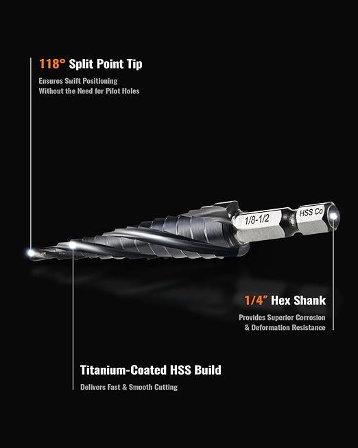 ZELCAN 13 Sizes M35 Cobalt Step Drill Bit, 1/8" to 1/2" Four Spiral Flute Step Drill Bit for Metal, Titanium-Coated HSS Step Bit with 1/4" Hex Shank for Stainless Steel Aluminum Copper Wood Plastic
