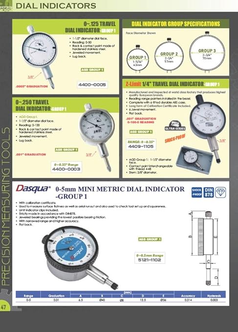HHIP 4400-1095 Pro Series AGD Group 2 Dial Indicator, .0005" Graduation, 0-100 Reading, 0-0.50" Range