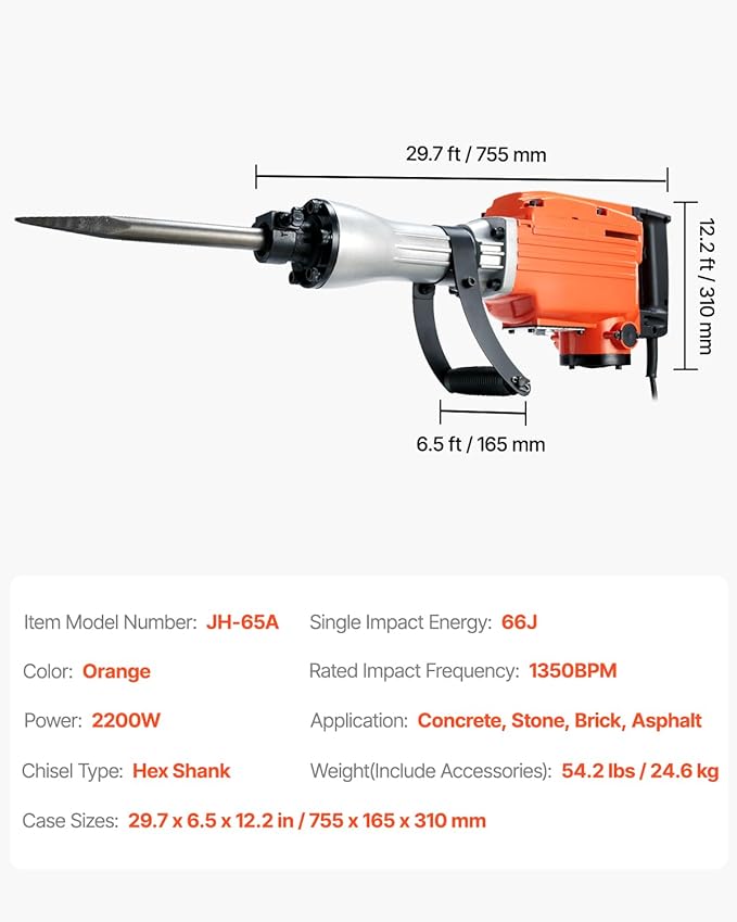 VEVOR Demolition Jack Hammer, MAX 2200W Electric Jackhammer Heavy Duty, 1350 BPM Concrete Breaker 4pcs Chisels Bit Chipping W/Case, Gloves