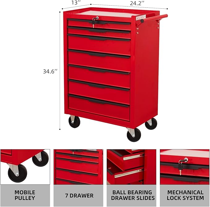 7-Drawer Rolling Tool Chest Cabinet, Large Capacity Metal Tool Box with Wheels and Keyed Locking, Roll Around Storage Organizer Tool Cart for Garage, Warehouse, Work Shop (Red)