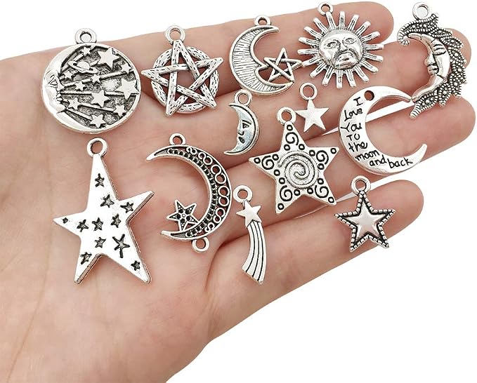 100 pcs Craft Supplies Mixed Antique Silver Sun Moon Stars Charms Pendants - Image 3