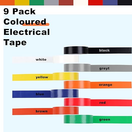 Romeda 9 Pack Coloured Electrical Tape, Electrical Tape Colours Water, Sun, and Oil Resistant, Electrical Tape is Suitable for Most Domestic, Commercial, and Industrial environments.