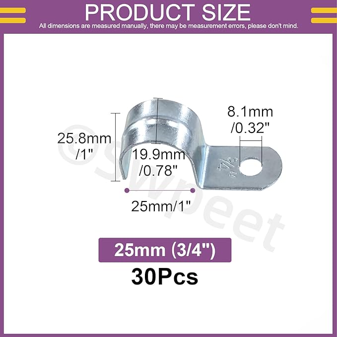 Swpeet 30Pcs 1"(25mm) Zinc Plated One Hole EMT Pipe Strap Kit, Pipe Straps U Bracket Tube Strap Pipe Clamp 1 Hole Snap On Pipe Strap Conduit Clamps Tension Clips for Fixing EMT Conduit Pipe
