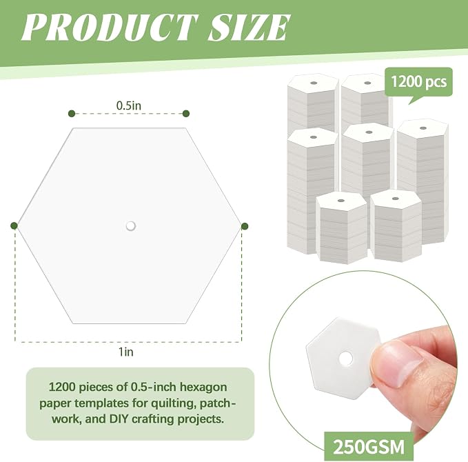 1200 PCS Hexagon Piecing Paper Templates, 0.5" White Paper templates, Quilting - Image 2