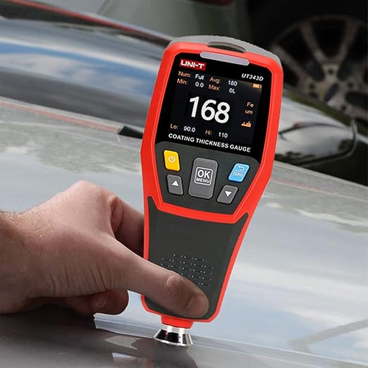 Paint Thickness Gauge for Cars UT343D Upgraded Coating Wet Film Thickness Gauge Paint Correction Precious Metal Tester Tool with Visual Go-NoGo Indicator Auto Rotatable Display