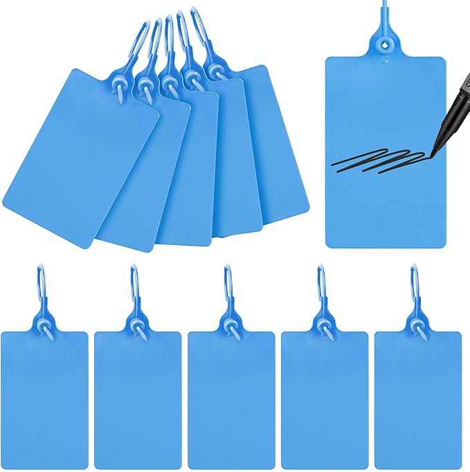 100 Plastic Tags Blank Waterproof Tags Shipping Tags for Labeling Writable Hang Tags Large Shipping Label Security Tamper Seals Storage Tags with One Marker Pen (Blue)