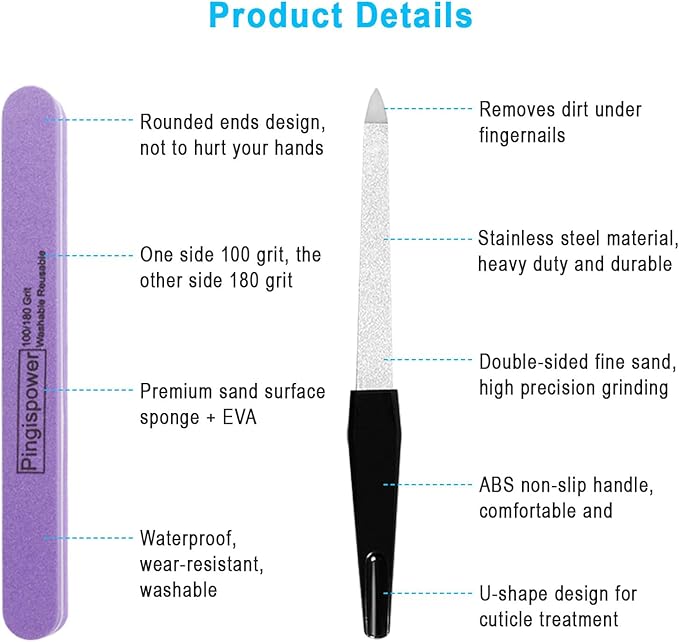 Nail File, 10PCS Professional Metal Nail Files and Buffers Block (100/180 Grit) for Natural Nails, Double Sided Washable & Reusable Manicure Kit for Women, Home & Salon Travel