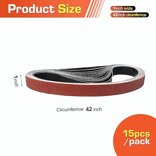KonaFlex Sanding Belts 15 Pack 1x42 Inch Belt Sander Paper Aluminum Oxide with 60/80/120/150/240 Grits for Woodworking, Paint Sanding, Metalworking, Rust Removal