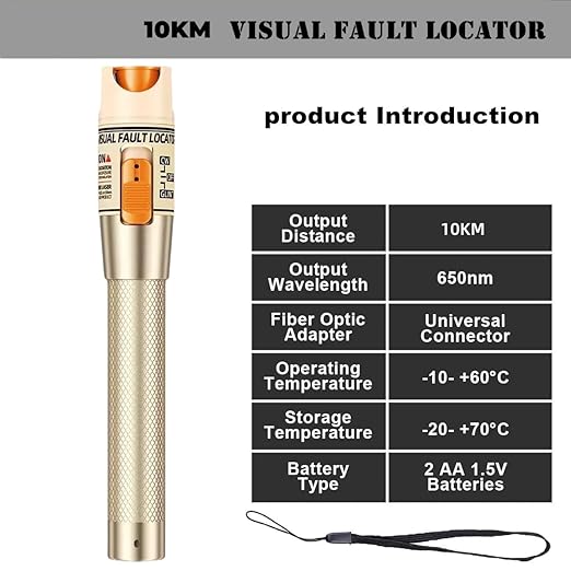 Visual Fault Locator,10-20KM Fiber Optic Cable Tester Meter, VFL Red Light Pen Light Source Testers (Golden)