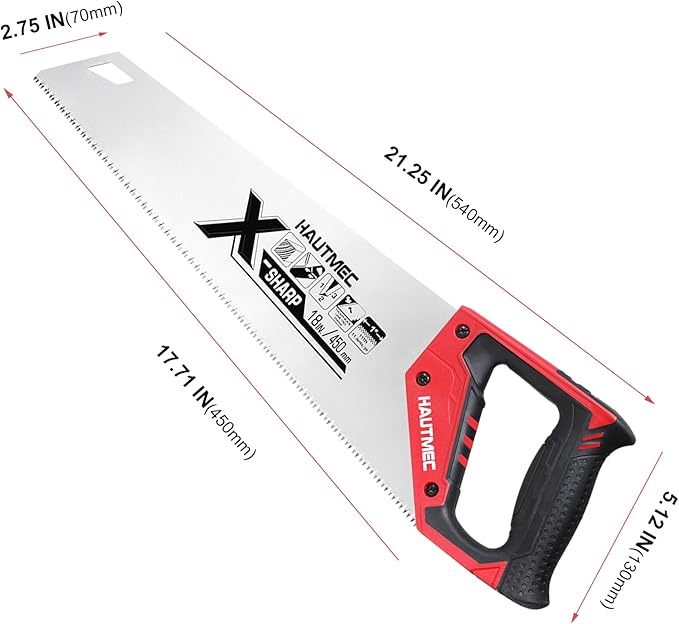 HAUTMEC 18-Inch X-Sharp Pro Hand Saw, Long Wood Saw with 7 TPI Triple Ground Teeth, Thick Blade & Ergonomic Handle, Universal Handsaw for Wood, PVC, Plastic & Trimming – HT0151