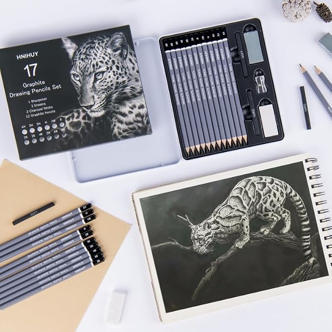 HNIHUY Professional Sketch Pencils Set, Graphite Pencils, Erasers and Sharpener - Image 6
