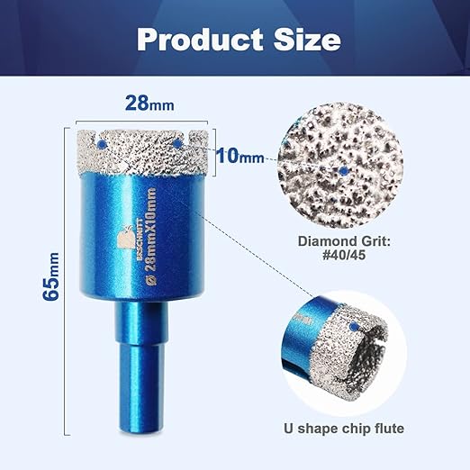 Dry Diamond Core Drill Bit Set,BRSCHNITT 2pcs/Pack 1 1/8 Inch (28mm) Diamond Hole Saw Core Drill Bit with Triangle Shank for Porcelain Tile Ceramic Stone Granite Marble