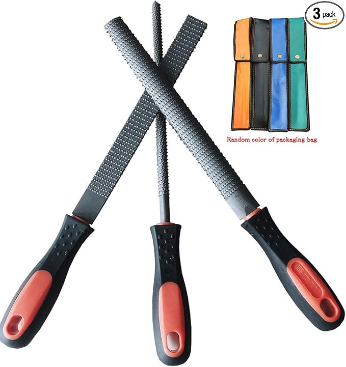 8" Wood Rasp File Set with Rubber Grip - Includes Hand Cut Round, Half-Round, and Flat Rasp File Kit - Curved and Flat Tools(3 Pcs) The Color of Packing Bag is Random