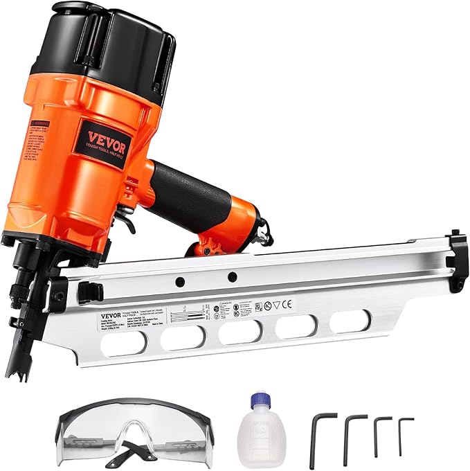 VEVOR Framing Nailer, 2" to 3-1/2" 21 Degree Full Round Head Pneumatic Framing Nailer with Dual Trigger Modes & Tool-Less Depth Adjustment, 80-120PSI Pro Air Nail Gun for Framing Flooring Decking