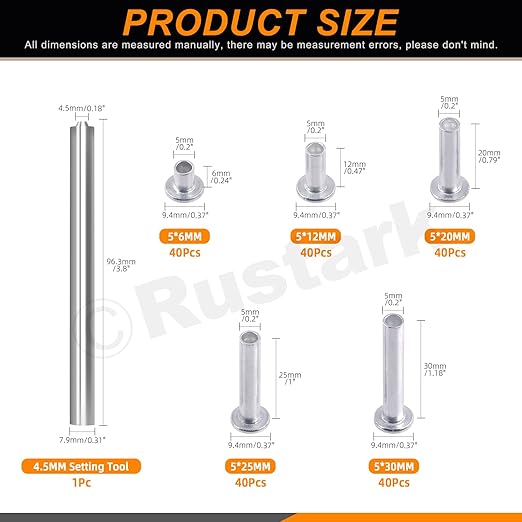 201Pcs 5 Sizes M5 Aluminum Flat Head Semi Tubular Rivets Assortment Kit with Punch, Partial Hole Tubular Rivets Round Flat Head Semi Tubular Rivet Silver Tone for Household Industry Repairing