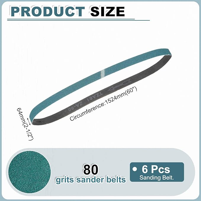 HARFINGTON 2 1/2 x 60 Inch Sanding Belts, 6 Pcs 80 Grit Zirconia Abrasive Belt Sander File Belt for Woodworking, Metal Polishing, Knife Sharpener