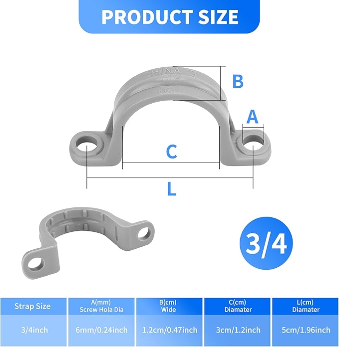 100 Pcs PVC Pipe Straps 3/4 Inch, Plastic Conduit Clamp Pipe, 2 Holes Heavy Duty U Clamps for 3/4 PVC Pipe Conduit Cables Hose