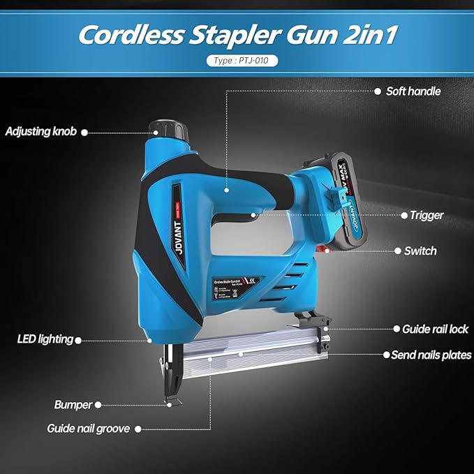 Nail Gun Battery Powered, Cordless Nail Gun with 2 * 2.0Ah Li-ion Battery, 20V 2 in 1 Electric Nail Gun with Staple Remover, Battery Nail Gun for Upholstery, Small Projects and Woodworking
