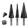 GSTK Pro Max 3PCS Four Spiral Flute Cobalt Unibit Step Drill bit, Impact Ready, for Metal, Stainless Steel, Aluminum, Wood, Plastic with 1/4" Hex Shank