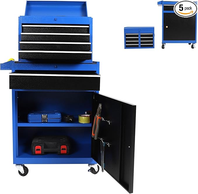 Rolling Tool Cabinet Tool Box, 5-Drawer Storage Chest with Detachable Organizer, Removable Portable Tool Box for Garage Warehouse (Blue)