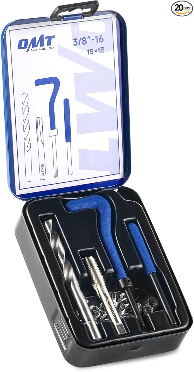 Orion Motor Tech Helicoil Thread Repair Kit, 3/8"-16 Thread Repair Tool Set with HSS Drill Bit & 15 Thread Inserts, SAE Thread Repair Installation Kit for Rethreading Internal Threads with Carry Case