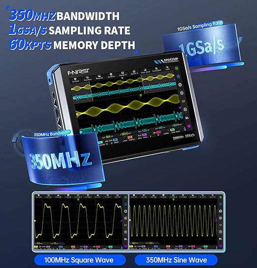 FNRSI DPOS350P 4-in-1 Oscilloscope, 350MHz Digital Phosphor Scope + 50MHz Signal Generator + 350MHz Spectrum Analyzer + 50MHz FRA, 1GSa/s, 7" Touchscreen, Portable Lab Analyzer with Fast Charging
