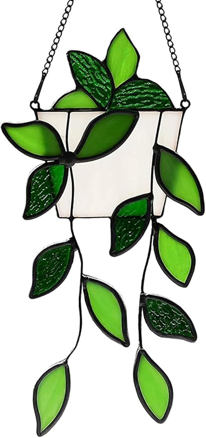 Handcrafted Real Stained Glass Window Hanging Green Plant Window Suncatcher | by ALLPRODUCTS