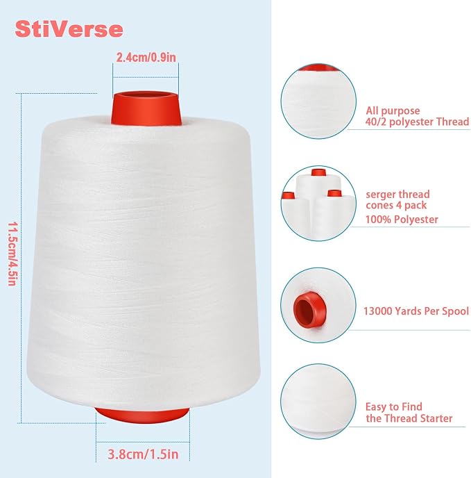 13000 Yards Each White Sewing Thread, Serger Thread Cones 4 Pack, 40S/2-52000 - Image 2