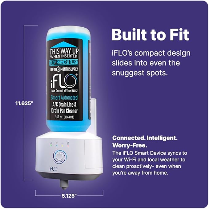 iFLO® Smart A/C Drain Line and Drain Pan Cleaner for HVAC System, Clog-Free, Easy Installation & App-Controlled Air Conditioner Maintenance, Includes 36oz Cleaner Cartridge, 3 Month Supply