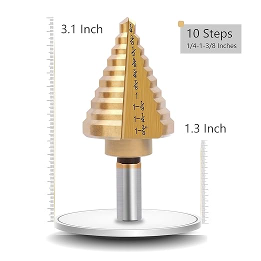 Titanium Step Drill Bit, Zhushan Titanium High Speed Steel Drill Cone Bits,Double Cutting Bladesfor Sheet Metal Hole Drilling Cutting1/4 to 1-3/8 Inches Total 10 Step Sizes