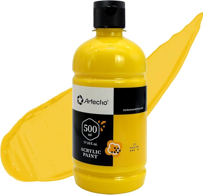 Artecho Yellow Mid Acrylic Paint 500ml / 17oz Large Bottle | Semi Glossy Finish by Artecho