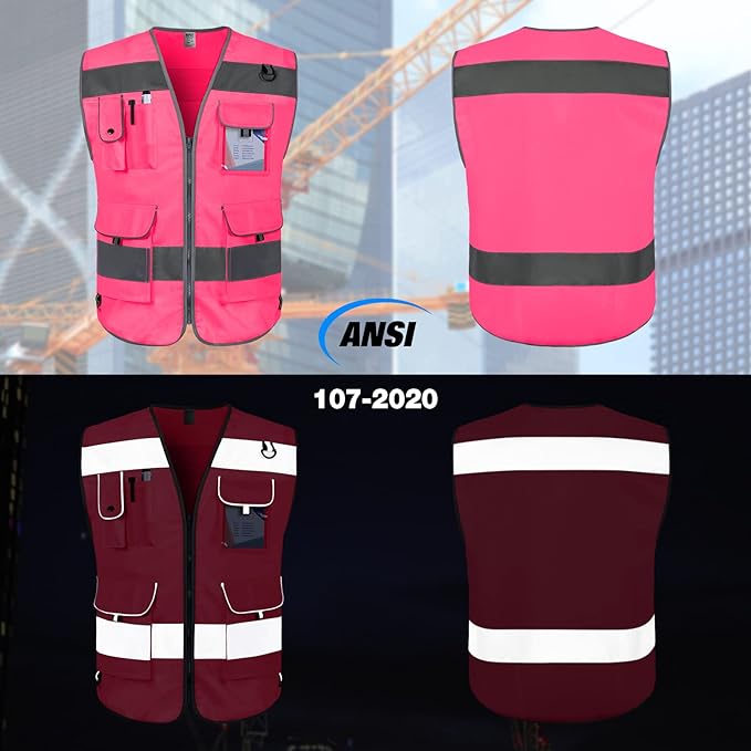 TCCFCCT Pink Safety Vest for Men Women 9 Pockets High Visibility Reflective Vest for Safety, Work Vest with Reflective Strips, Meets ANSI/ISEA Standards, Large