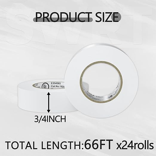 SWRT 24 Pack UL/CSA Listed White Electrical Tape 7 mils-600V, 0.75 in x 66 FT White Electric Tape Flame Retardant, Strong Adhesive, for Home DIY Electrical Repairs Professional Installations